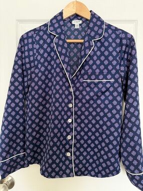 J.CREW Navy Geometric Print Pajama Shirt with White Piping | Size XXS